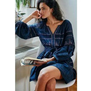 Anthropologie Skye Embroidered Mini Dress / Large / Blue Motif